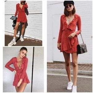 REALISATION PAR Red Alexandra Star Print Ruffle Long Sleeve Wrap Mini Dr…